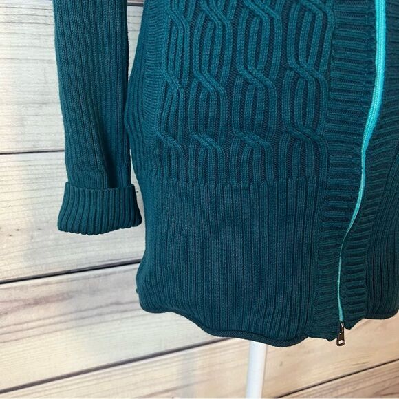 Eddie Bauer Teal Ribbed Cable Knit Full Zip Long Sweater Jacket - Picture 3 of 10